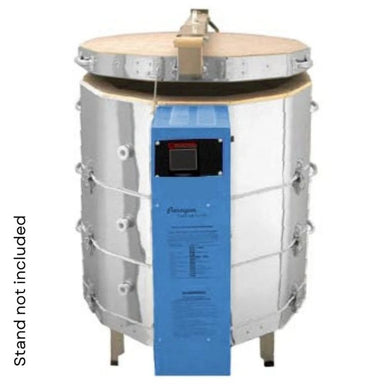 Straight-on view of closed, 12-sided round-shaped Heavy Duty CT122829 Viking ceramics and pottery kiln from Paragon with the Paragon Blue-colored electrical box and digital controller right in front.