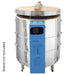 Straight-on view of closed, 12-sided round-shaped Heavy Duty CT122829 Viking ceramics and pottery kiln from Paragon with the Paragon Blue-colored electrical box and digital controller right in front.