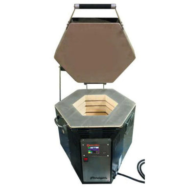 High-angled top-down view of opened, 6-sided, round-shaped, top-loading CT61109 ceramic and pottery kiln from Paragon, with partial view into firing chamber and electrical panel/digital controller in the front.