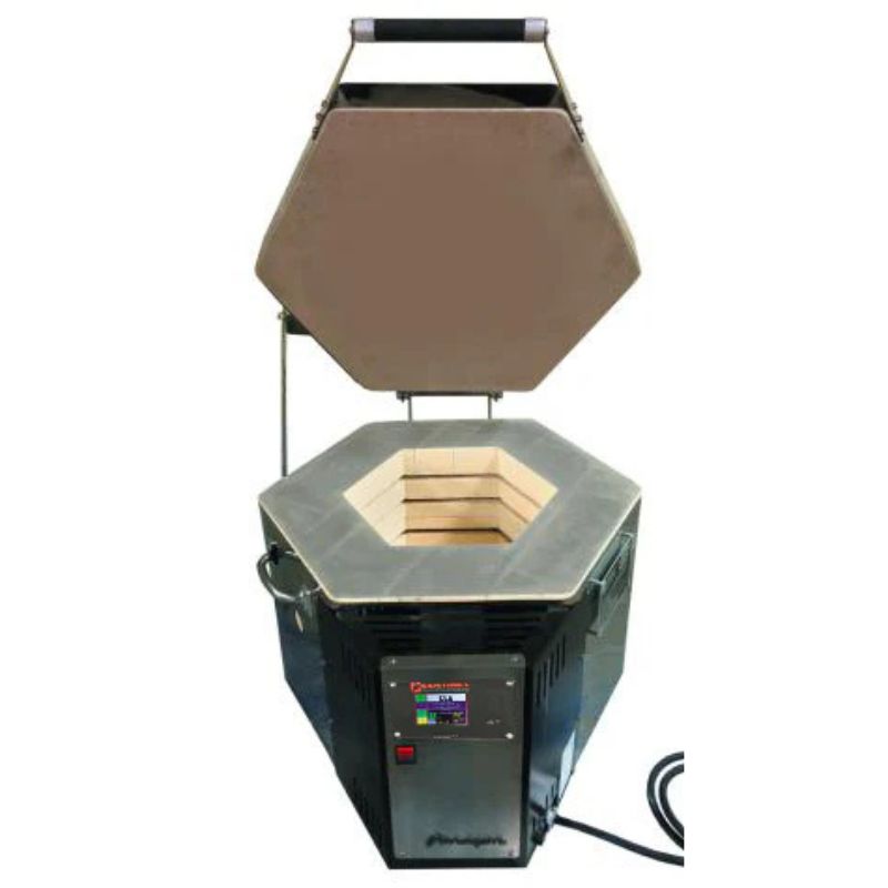 High-angled top-down view of opened, 6-sided, round-shaped, top-loading CT61109 ceramic and pottery kiln from Paragon, with partial view into firing chamber and electrical panel/digital controller in the front.