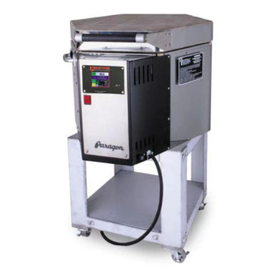 Slightly left-angled view of closed, 6-sided, round-shaped, top-loading CT61109 ceramic and pottery kiln from Paragon, set on top of a metal stand.