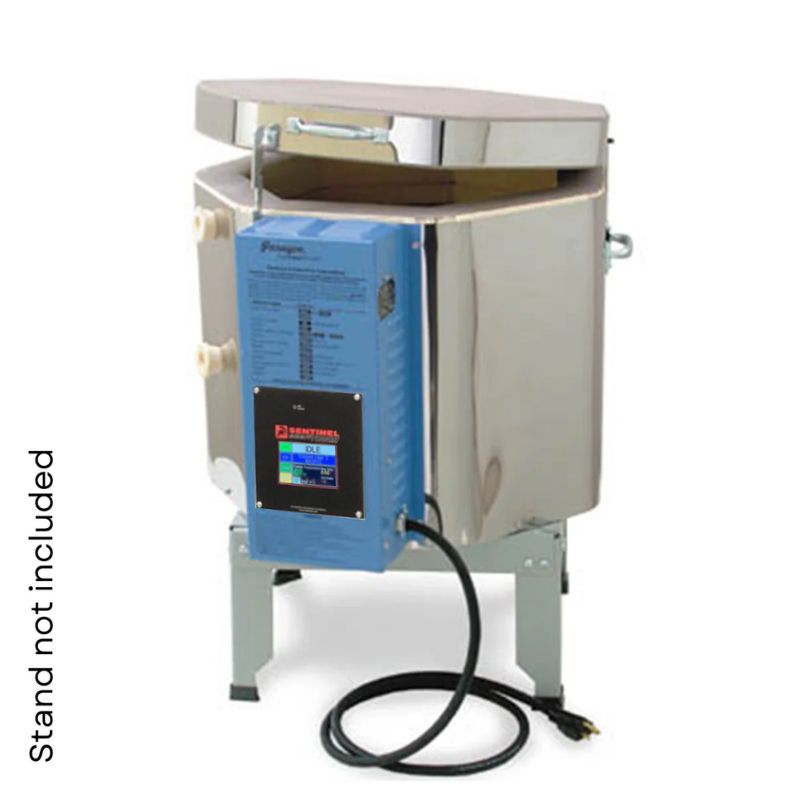 Slightly left-angled view of 7-sided, round-shaped, slightly-opened CT71313 ceramic and pottery kiln from Paragon kilns, set on a short metal stand with electrical box/power cord/Sentinel SmartTouch digital controller viewable in the front.