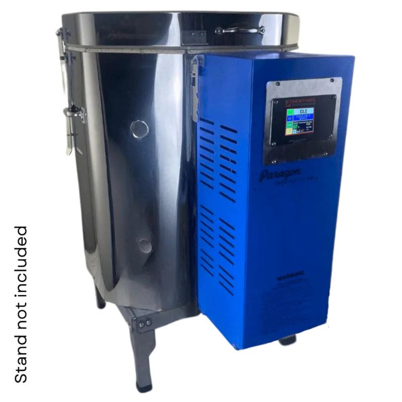 Right-angled view of closed, 8-sided round-shaped CT81722 ceramics and pottery kiln from Paragon set on a short metal stand with a prominently visible electrical in Paragon Blue and a digital controller.