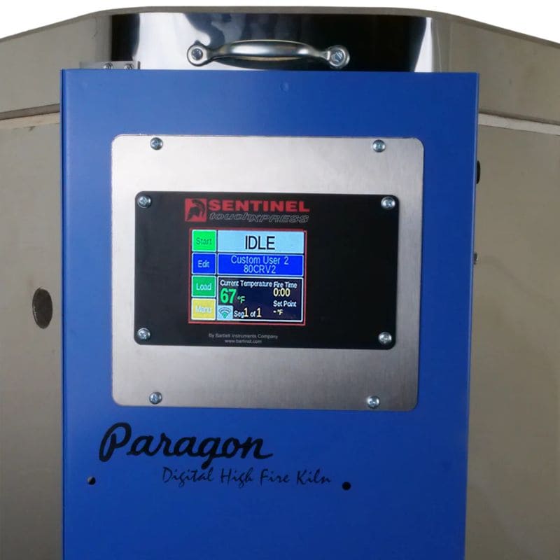 Close up view of the Sentinel TouchExpress Digital Controller on a Paragon Blue-colored electrical box on a CT81722 Ceramics and Pottery Kiln.