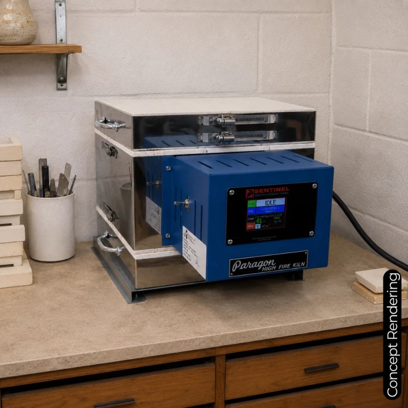 Closed Caldera multi-purpose kiln model from Paragon, with Sentinel TouchXpress controller, sitting on countertop.