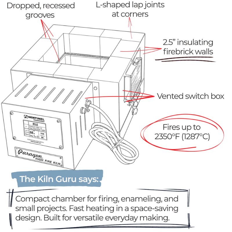 Sketch of opened Paragon Caldera Mulit-purpose kiln with text calling out multiple key features.