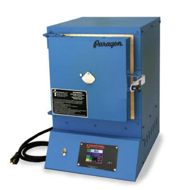 Closed E10 enameling & china painting kiln model from Paragon, painted in Paragon Blue color and showing the Sentinel TouchXpress controller beneath the door.
