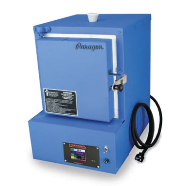 Closed E12T enameling & china painting kiln model from Paragon, painted in Paragon Blue color and showing the Sentinel TouchXpress controller beneath the door.