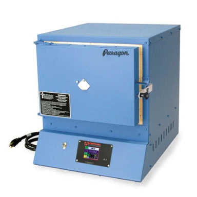 Closed E14 enameling & china painting kiln model from Paragon, painted in Paragon Blue color and showing the Sentinel TouchXpress controller beneath the door.