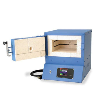 View of opened left-side hinged E9 enameling and china painting kiln model from Paragon, painted in Paragon Blue color and showing the Sentinel TouchXpress controller below the chamber opening.