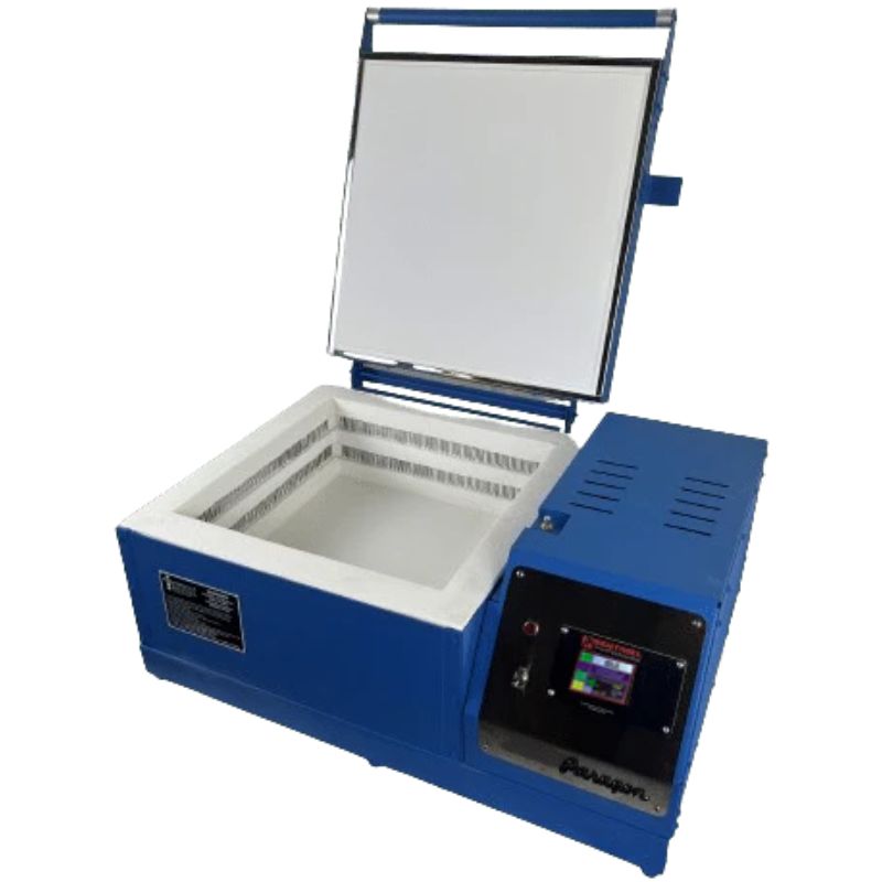 Open, left-angled Fiberfuse 16 Glass Fusing Kiln from Paragon.