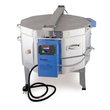 Closed, front-facing Fusion 10 glass fusing kiln from Paragon sitting on a metal stand with blue painted electrical box, black electrical cord, and Sentinel TouchXpress digital controller.