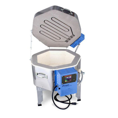 An open Fusion 7 Glass Fusing Kiln from Paragon, showing lid elements, electric box, digital controller, metal stand, and electrical power cord.