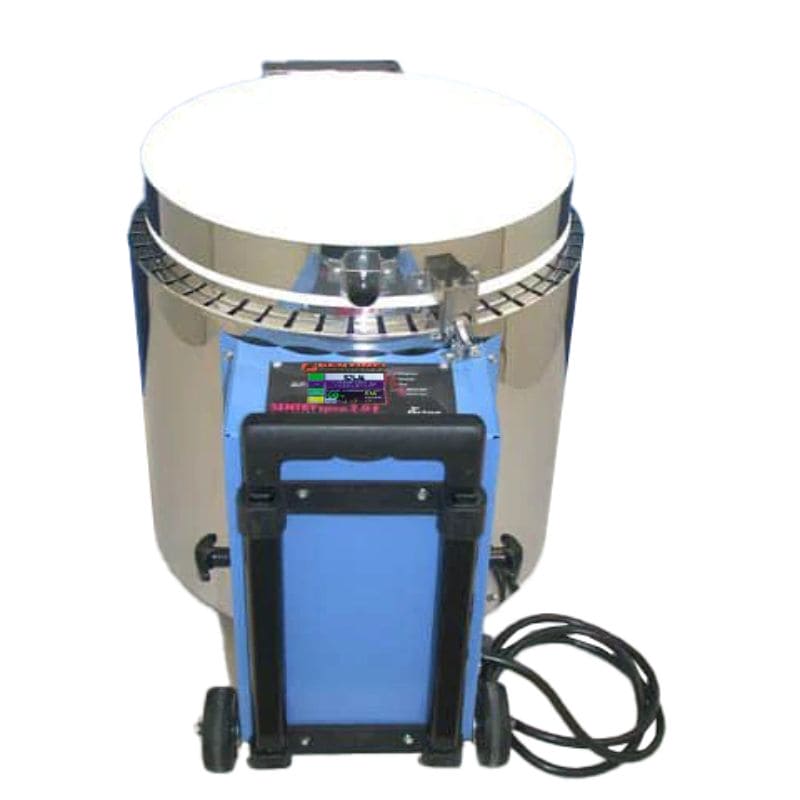 Straight-on view of closed, round-shaped portable raku kiln from Paragon, with a collapsible luggage carrier shown in the front as well as a Sentinel TouchXpress Controller.