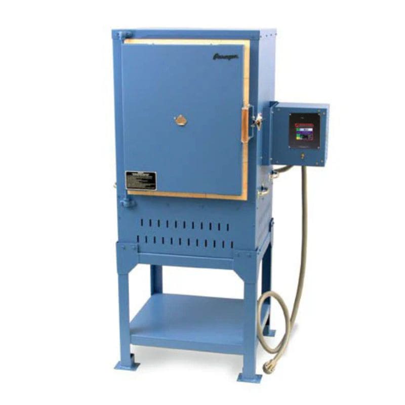 Straight-on view of closed, rectangle-shaped, front-loading Iguana ceramics and pottery kiln from Paragon colored in Paragon Blue with electrical box with Sentinel TouchExpress digital controller on the right side.