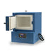 Slightly left-angled view of opened J11 Enameling Kiln from Paragon, painted in Paragon Blue color. Clear view of ceramic fiber interior chamber. Also visible is electrical cord and Smart Touch Xpress Controller.