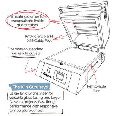Sketch of CSF16 glass fusing kiln from Paragon, with text describing various specs and features.
