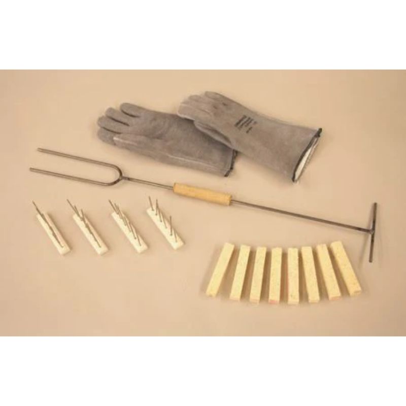 Paragon Knifemakers Heat Treating Kit with blade supports, kiln firing pins, heat-resistant gloves, and loading tool for knife heat treating furnaces.
