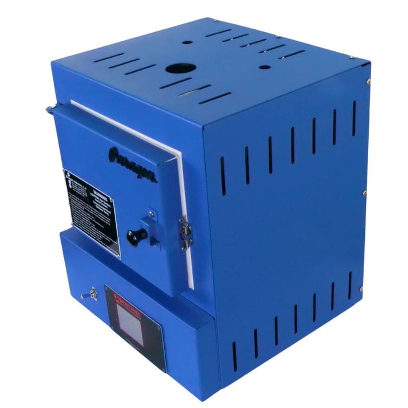 View of closed SC2 PMC/Jewelry Kiln from Paragon in the Paragon Blue color. Can see top, right side, and front of the kiln, as well as the Sentinel TouchXpress digital controller.