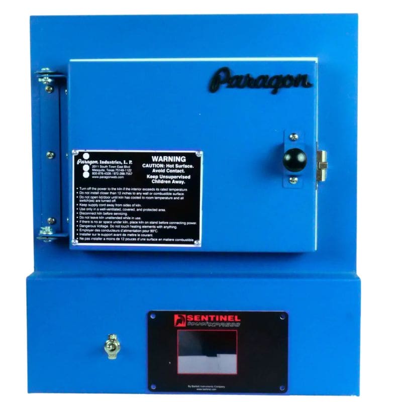Straight on close up view of closed SC2 PMC/Jewelry Kiln from Paragon in the Paragon Blue color. Also shown is the Sentinel TouchXpress digital controller.