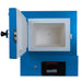 Straight on close up view of opened SC2 PMC/Jewelry Kiln from Paragon in the Paragon Blue color. Also shown is the Sentinel TouchXpress digital controller.