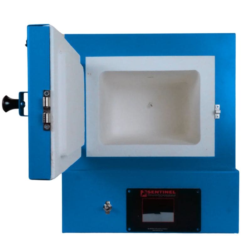 Straight on close up view of opened SC2 PMC/Jewelry Kiln from Paragon in the Paragon Blue color. Also shown is the Sentinel TouchXpress digital controller.