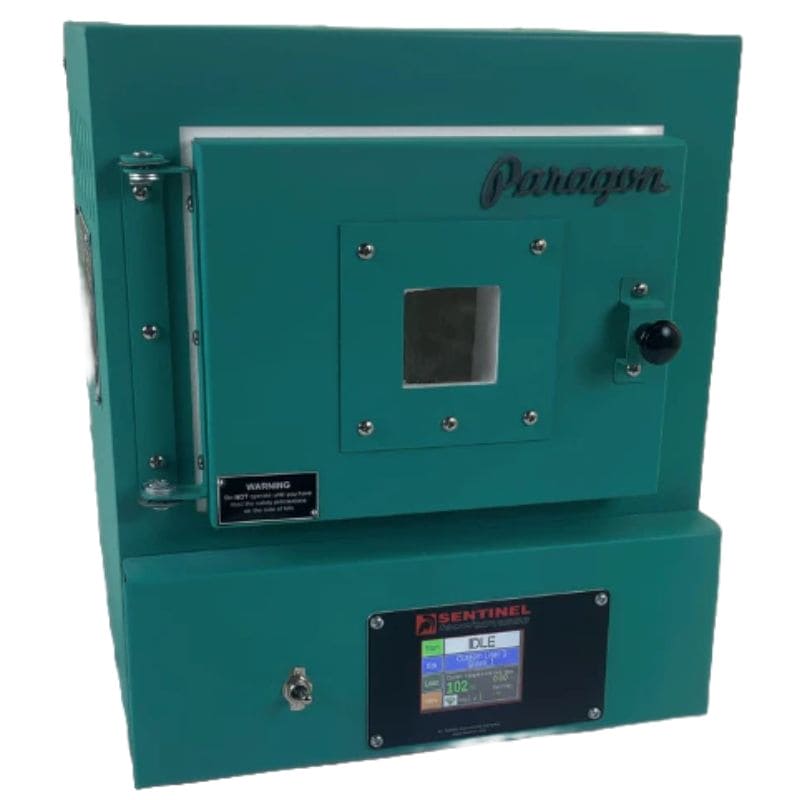 Straight on view of closed SC2 PMC/Jewelry Kiln from Paragon in Jade color. Also shown is the Sentinel TouchXpress digital controller.