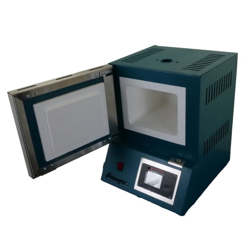 View of opened SC2 PRO PMC/Jewelry Kiln from Paragon in the Jade color, with Sentinel TouchXpress digital controller.