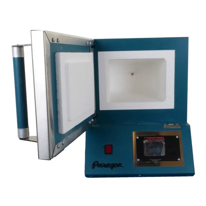 View of opened SC2 PRO PMC/Jewelry Kiln from Paragon in the Jade color, with Sentinel TouchXpress digital controller.