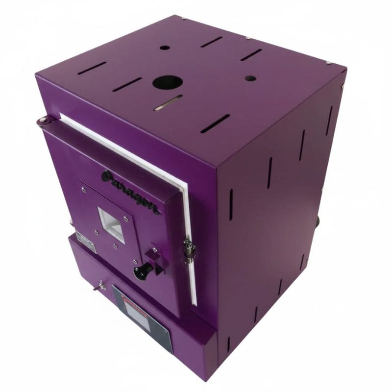 View of closed SC3 PMC/Jewelry Kiln from Paragon in the Purple color. Can see top, right side, and front of the kiln, as well as the Sentinel TouchXpress digital controller.