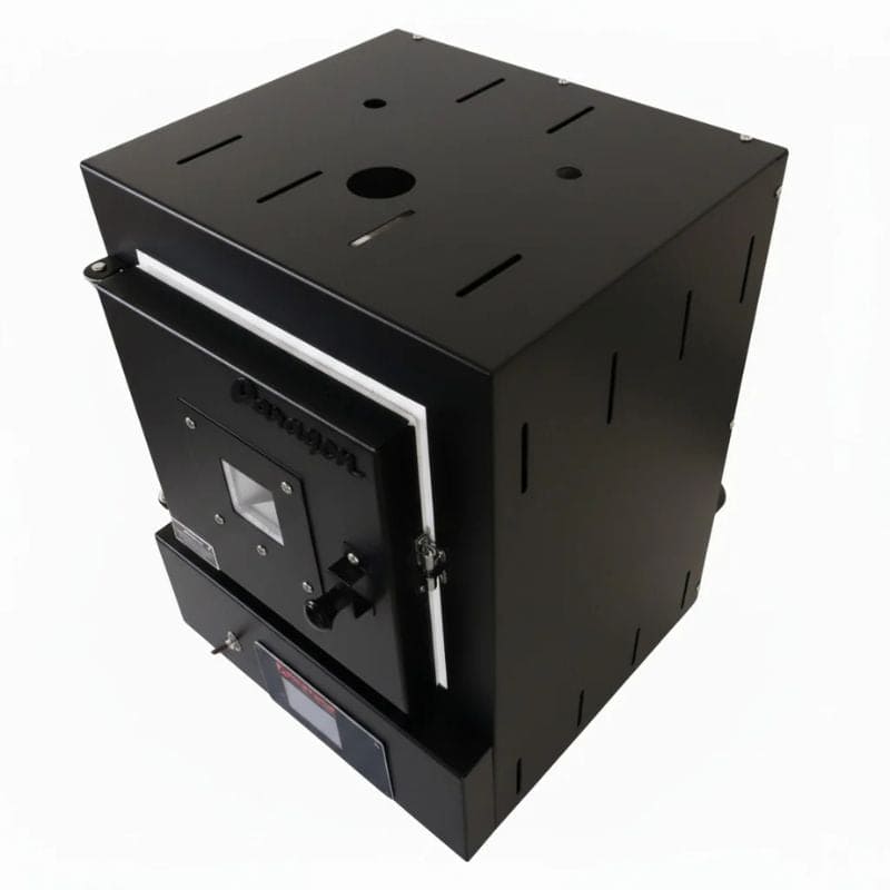 View of closed SC3 PMC/Jewelry Kiln from Paragon in the Black color. Can see top, right side, and front of the kiln, as well as the Sentinel TouchXpress digital controller.