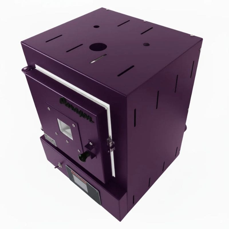 View of closed SC3 PMC/Jewelry Kiln from Paragon in the Berry color. Can see top, right side, and front of the kiln, as well as the Sentinel TouchXpress digital controller.