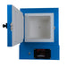 Straight on close up view of opened SC3 PMC/Jewelry Kiln from Paragon in the Paragon Blue color. Also shown is the Sentinel TouchXpress digital controller.