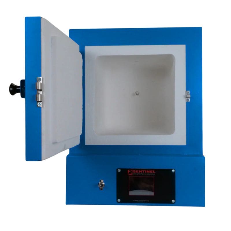 Straight on close up view of opened SC3 PMC/Jewelry Kiln from Paragon in the Paragon Blue color. Also shown is the Sentinel TouchXpress digital controller.