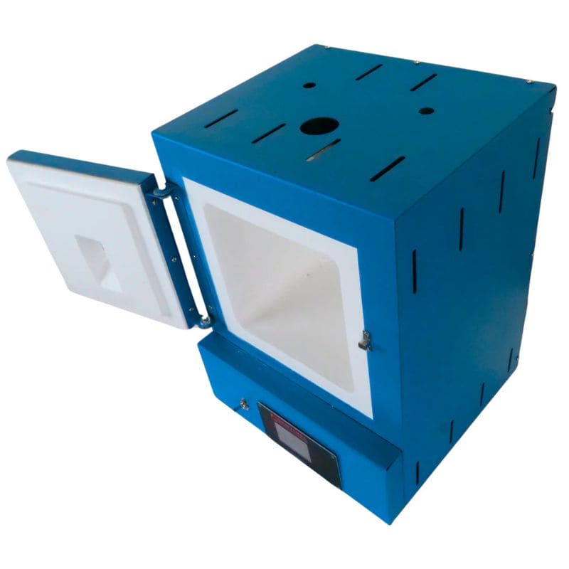 View of opened SC3 PMC/Jewelry Kiln from Paragon. Can see top, right side, and front of the kiln, as well as the Sentinel TouchXpress digital controller.