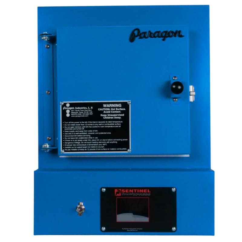 Straight on close-up view of closed SC3 PMC/Jewelry Kiln from Paragon in the Paragon Blue color. Also shown is the Sentinel TouchXpress digital controller.