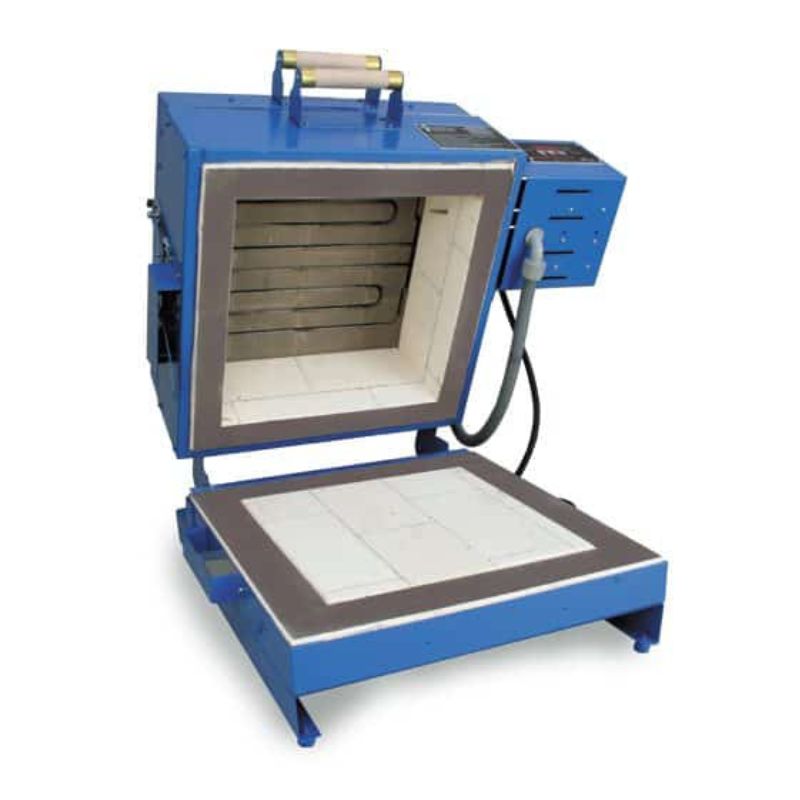 Bottom clamshell lid opened on a CS14D Dual Clamshell glass fusing kiln, from Paragon, placed on a plain white background.