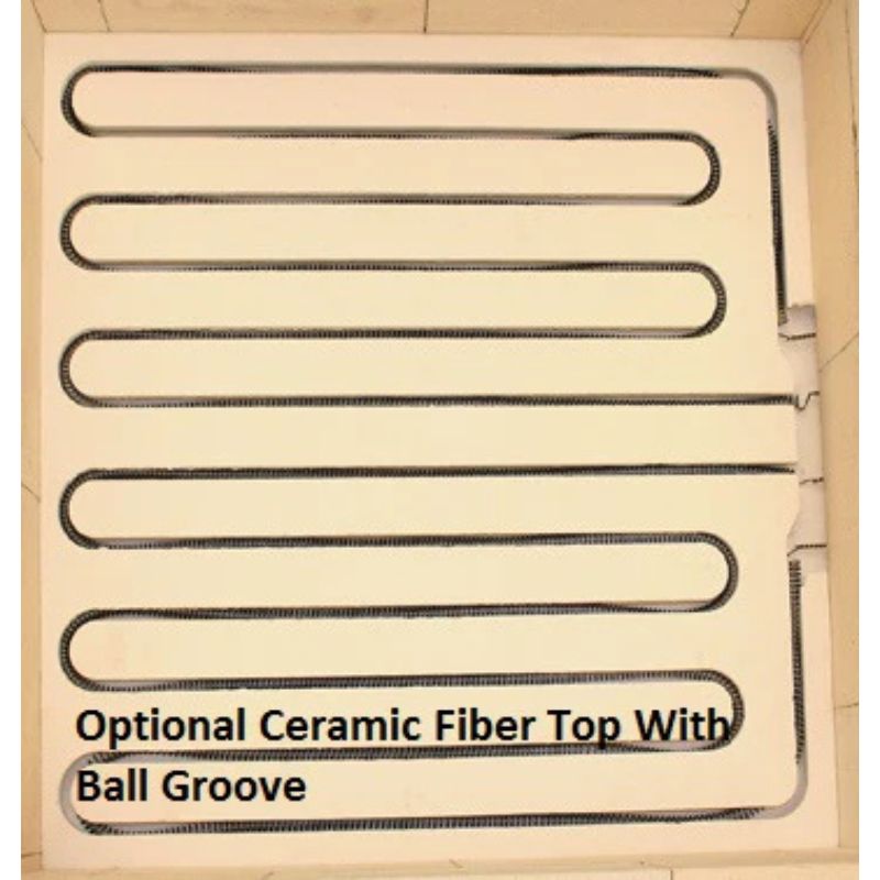 Image of the interior side of the lid on a Paragon Kilns Dual Clamshell Glass Fusing Kiln, with text promoting the Optional Ceramic Fiber Top with Ball Groove.
