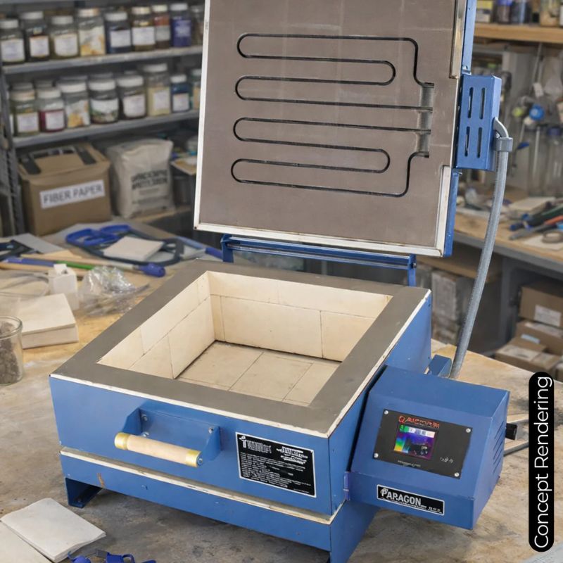 Top Clamshell lid opened on a CS16D Dual Clamshell glass fusing kiln, from Paragon, placed on a countertop in a workshop.
