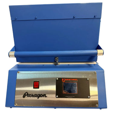 Front view of closed Paragon CSF12 Glass Fusing Kiln in Paragon Blue color, showing the Sentinel TouchXpress controller beneath door and handle.
