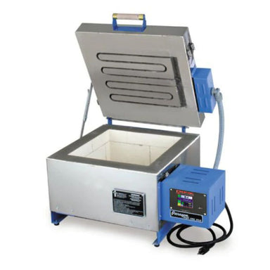 Top-loading lid opened on a Fusion 14 glass fusing kiln by Paragon, on a plain white background.
