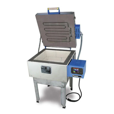 Opened, front-facing Fusion 16 glass fusing kiln from Paragon sitting on a metal stand with blue painted electrical box, black electrical cord, and Sentinel TouchXpress digital controller.