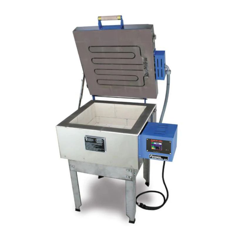 Opened, front-facing Fusion 16 glass fusing kiln from Paragon sitting on a metal stand with blue painted electrical box, black electrical cord, and Sentinel TouchXpress digital controller.