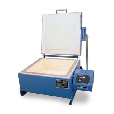 Opened, front-facing Fusion 19 glass fusing kiln from Paragon showing Sentinel TouchXpress digital controller.