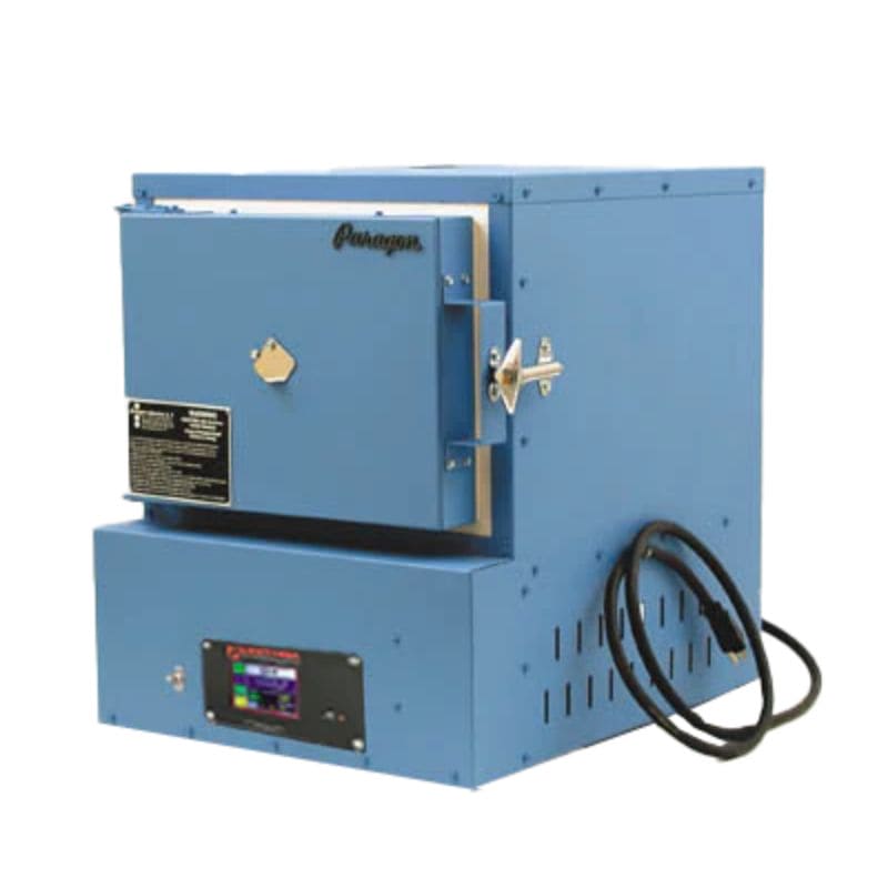 Slightly left-angled view of closed J14 Enameling Kiln from Paragon, painted in Paragon Blue color. Also visible is electrical cord and Smart Touch Xpress Controller.