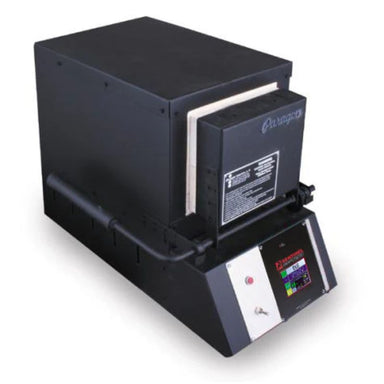Closed KM14 Knife Making kiln from Paragon Kilns, in black color, with door handle on left and Sentinel TouchXpress controller beneath door.