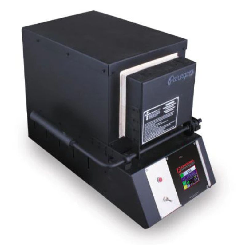Closed KM14 Knife Making kiln from Paragon Kilns, in black color, with door handle on left and Sentinel TouchXpress controller beneath door.