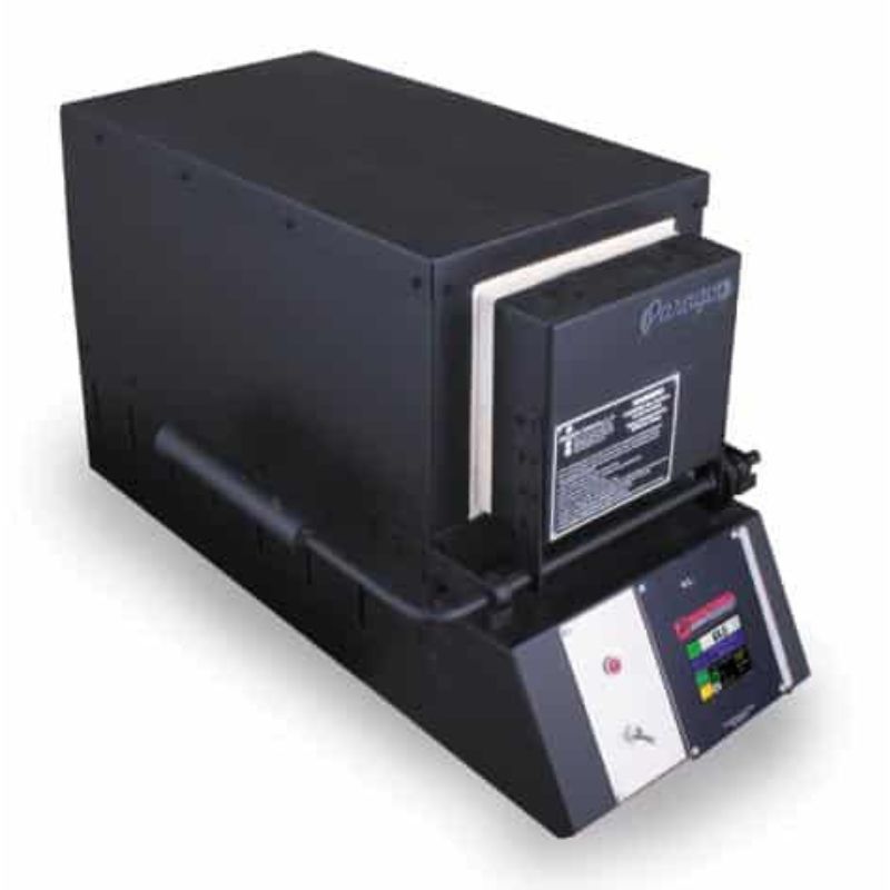 Closed KM18 Knife Making kiln from Paragon Kilns, in black color, with door handle on left and Sentinel TouchXpress controller beneath door.