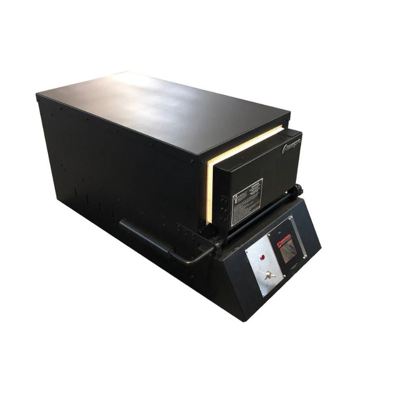 Closed KM24 Double Barrel Knife Making kiln from Paragon Kilns, in black color, with door handle on left and Sentinel TouchXpress controller beneath door.