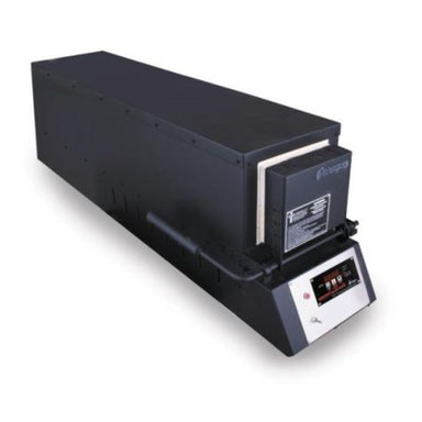 Closed KM36 Knife Making kiln from Paragon Kilns, in black color, with door handle on left and Sentinel TouchXpress controller beneath door.